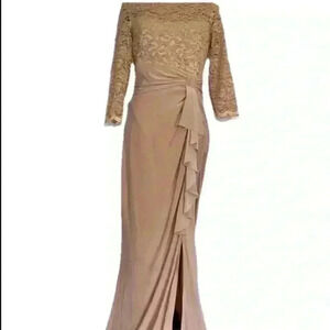 MARINA Beige Lace Bodice Evening Gown with Ruffle Slit